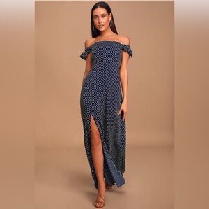 Lulus Dream Love Navy Blue Polka Dot Off-the-shoulder Maxi Dress - NEVER WORN